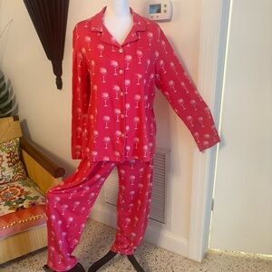 SPORTO Wine Print Long PAJAMA SET! Pink! Knit! Long Sleeves & Pants! Button. Lg